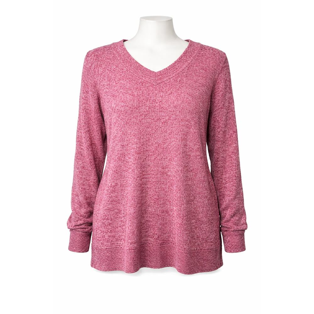 Denim and Co Petite Ribbed V Neck‎ Sweater Pink SP Long Sleeve